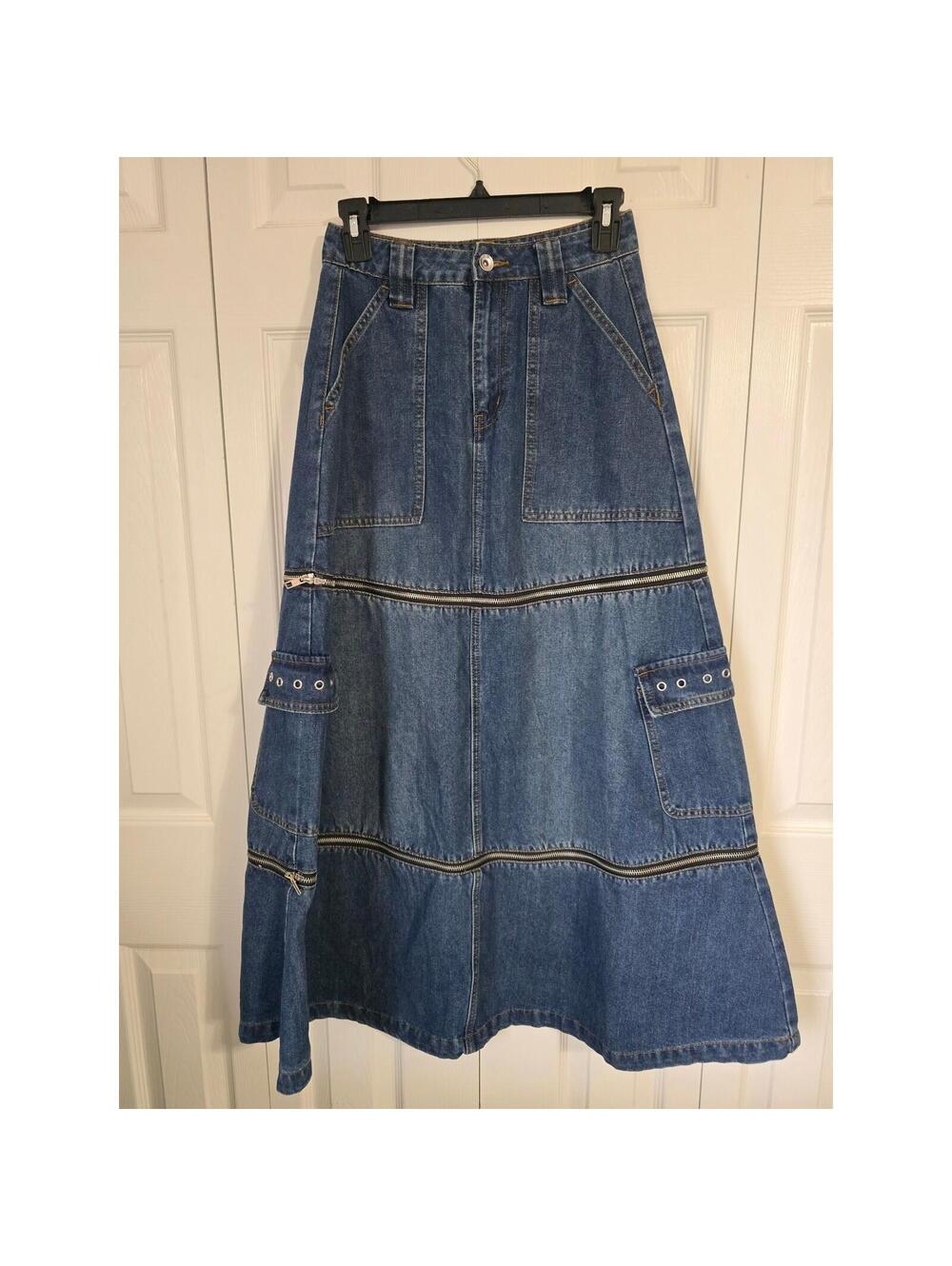 Social Collision Blue Denim Convertible Zipper Tiered Maxi Cargo Skirt XS